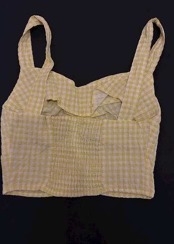 Sarı Kareli Kız Bluzu V Yaka Pilili - Görsel 3