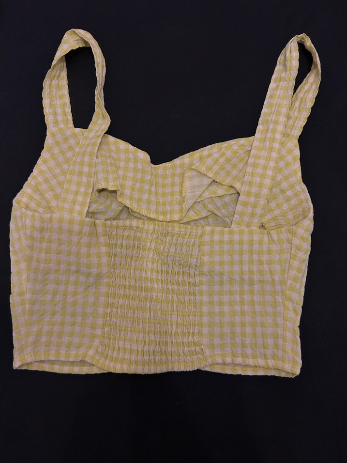 Sarı Kareli Kız Bluzu V Yaka Pilili - Görsel 3