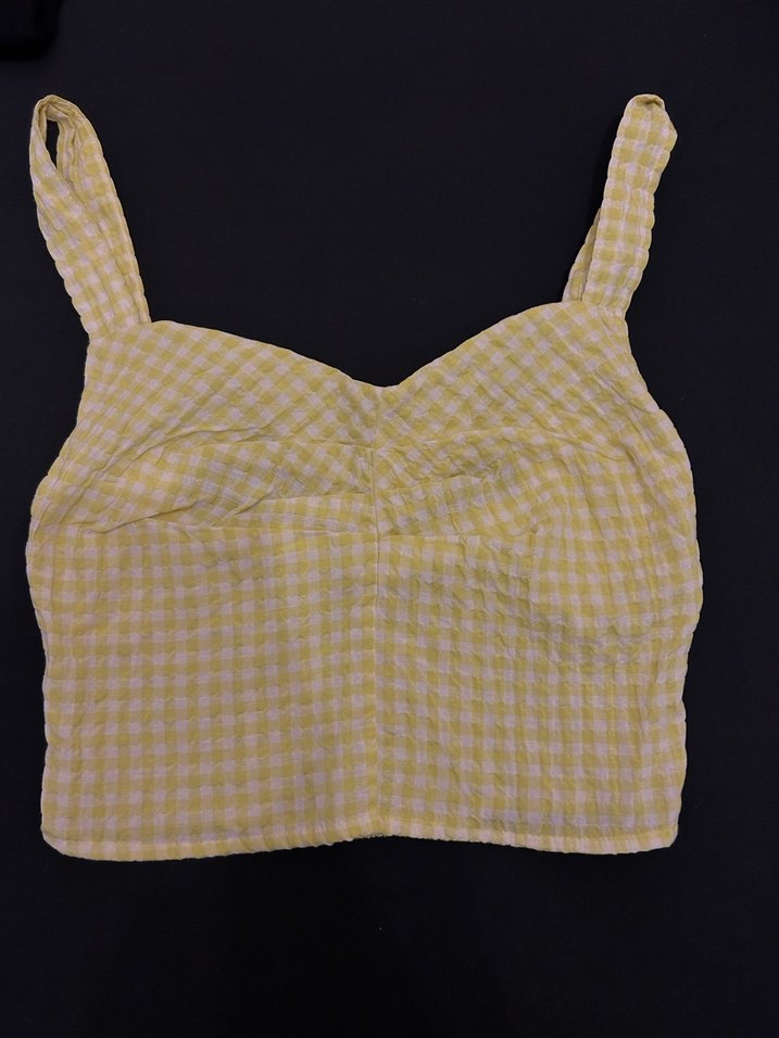 Sarı Kareli Kız Bluzu V Yaka Pilili - Görsel 2