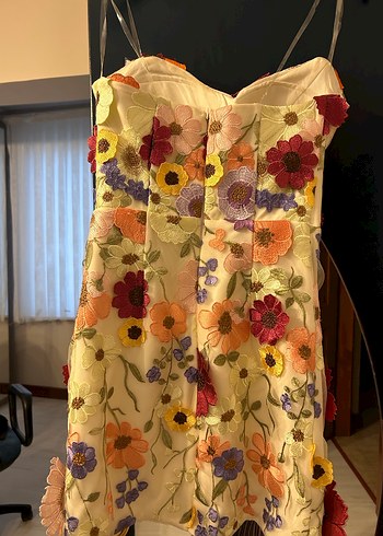 Çiçek Desenli Straplez Mini Elbise - Görsel 3