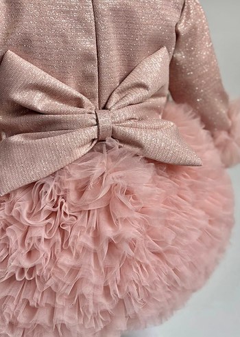 Pembe Uzun Kollu Fırfırlı Kız Çocuk Elbise abiye - Görsel 5