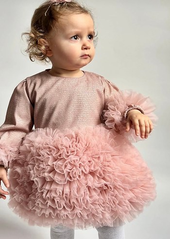 Pembe Uzun Kollu Fırfırlı Kız Çocuk Elbise abiye - Görsel 4