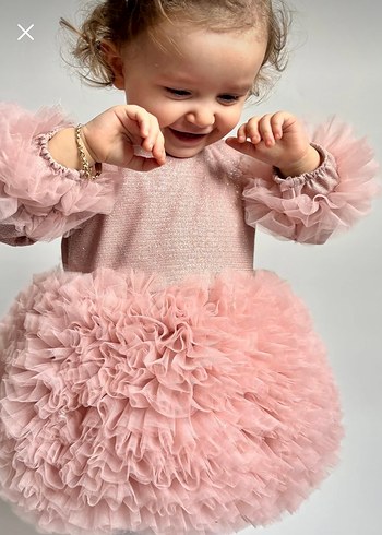 Pembe Uzun Kollu Fırfırlı Kız Çocuk Elbise abiye - Görsel 3