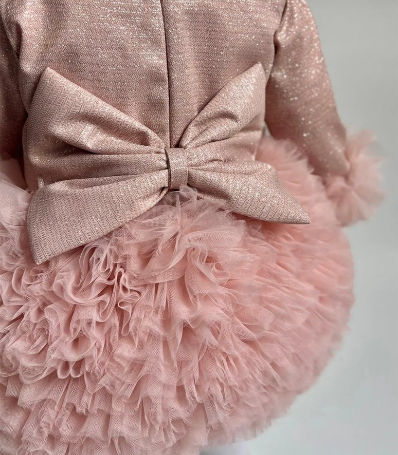 Pembe Uzun Kollu Fırfırlı Kız Çocuk Elbise abiye - Görsel 5