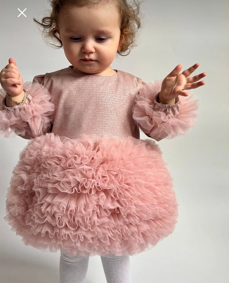 Pembe Uzun Kollu Fırfırlı Kız Çocuk Elbise abiye - Görsel 2