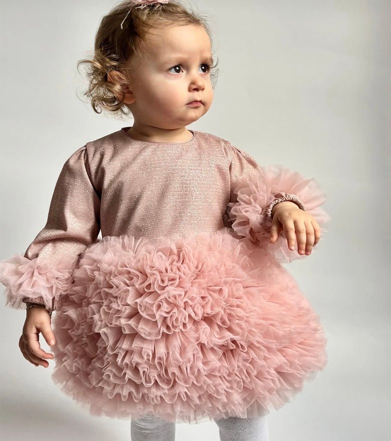 Pembe Uzun Kollu Fırfırlı Kız Çocuk Elbise abiye - Görsel 4