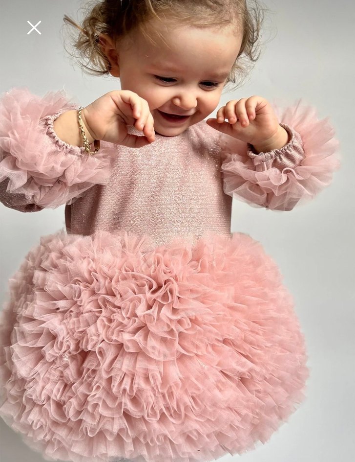 Pembe Uzun Kollu Fırfırlı Kız Çocuk Elbise abiye - Görsel 3