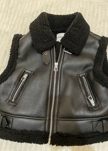 Bershka Siyah Deri Kürklü Biker Yelek