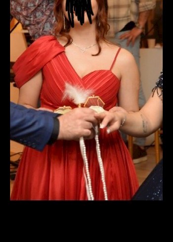 Kırmızı Drapeli  Abiye Elbise - Görsel 3