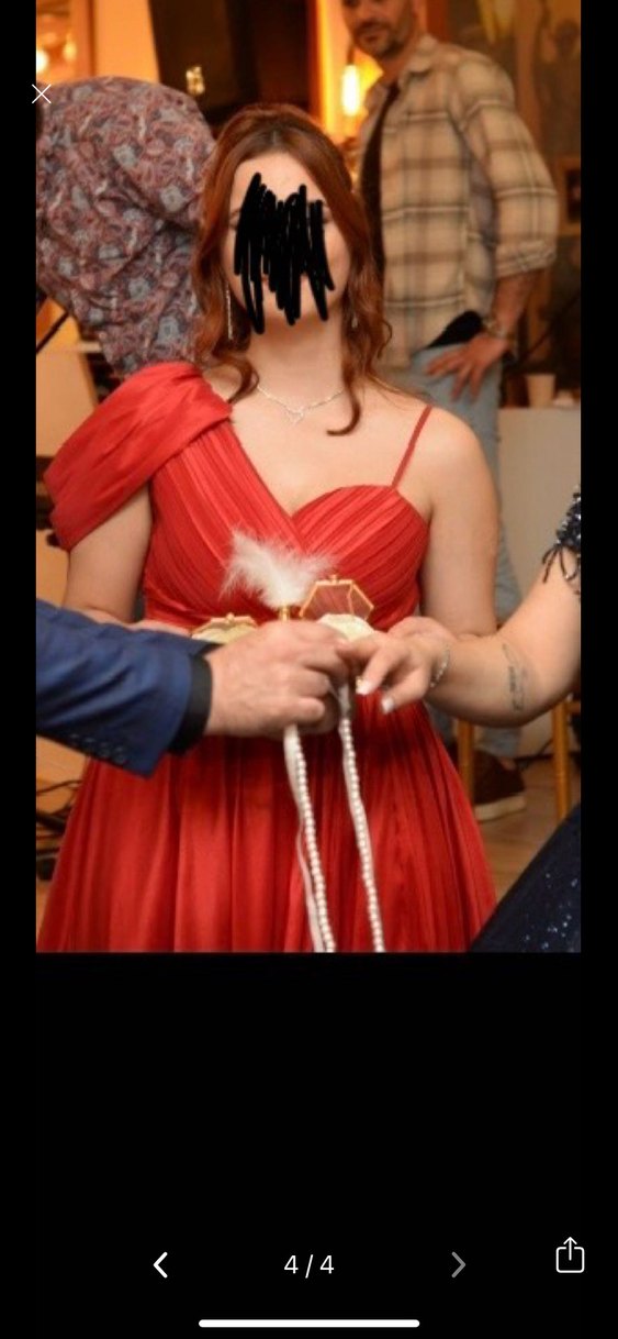 Kırmızı Drapeli  Abiye Elbise - Görsel 3