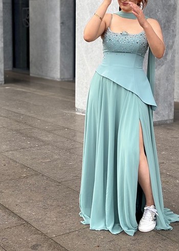 Turkuaz Drapeli Uzun Abiye Elbise - Görsel 3