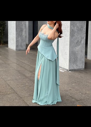 Turkuaz Drapeli Uzun Abiye Elbise - Görsel 6