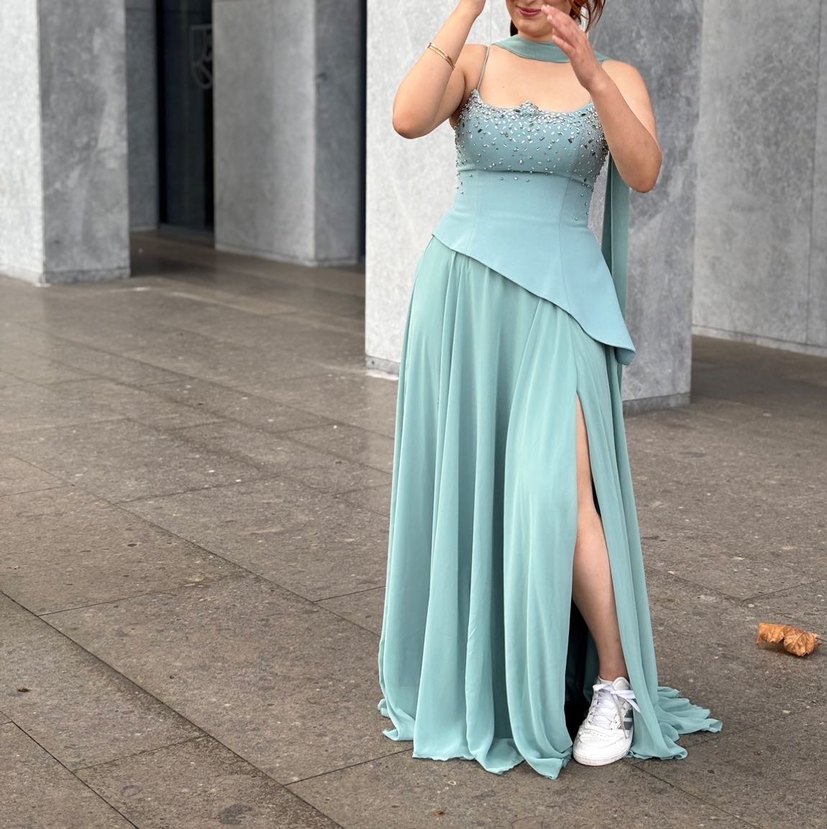 Turkuaz Drapeli Uzun Abiye Elbise - Görsel 3