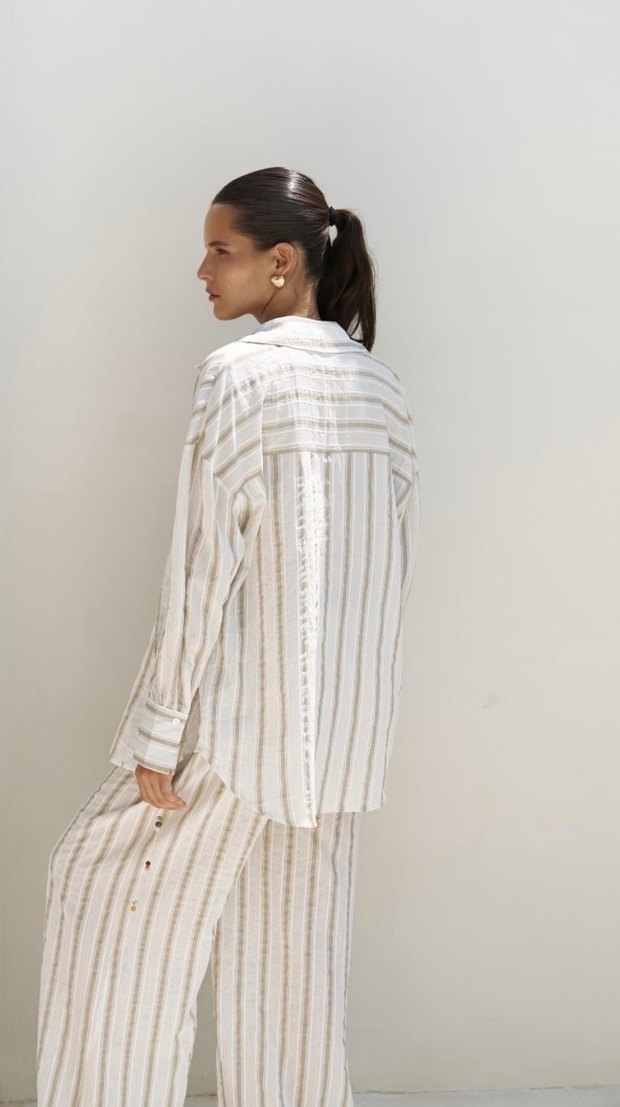 Mai collection beyaz haki şeritli Pantolon-Gömlek Takım - Görsel 3