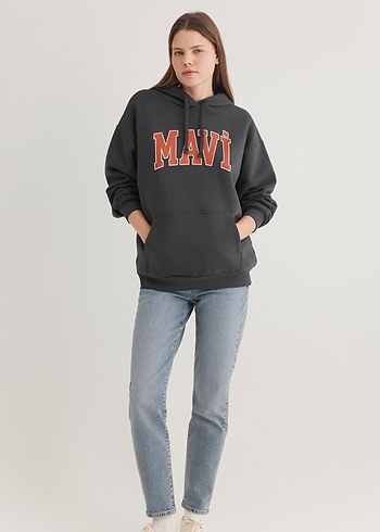 Mavi Jeans Mavi Logo Baskılı Kapüşonlu Antrasit Sweatshirt