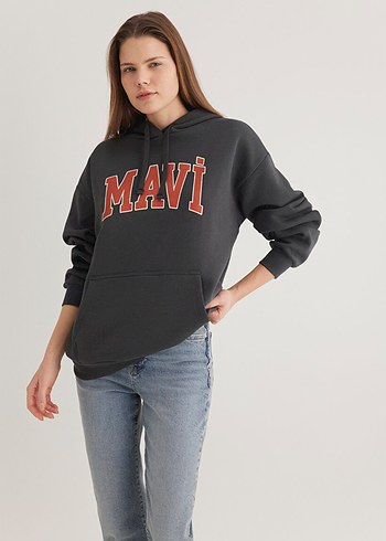 Mavi Logo Baskılı Kapüşonlu Antrasit Sweatshirt