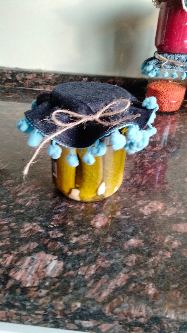 El emeği kot kumaştan kavanoz kapak örtüsü - Görsel 2