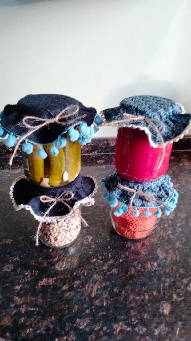 El emeği kot kumaştan kavanoz kapak örtüsü - Görsel 4