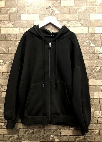 Oversize Salaş Uzun Kapüşonlu İçi Kalın Fermuarlı Sweatshirt-Siy
