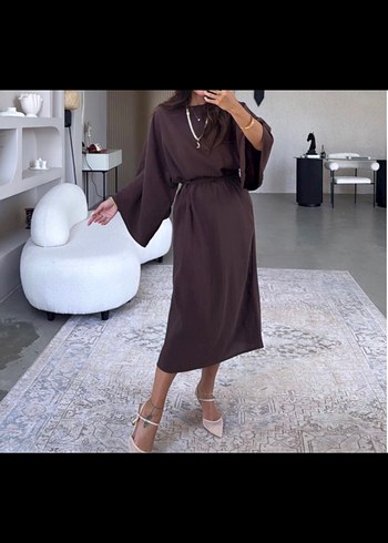 Tensel  salaş bağcıklı Kadın Elbise midi boydur - Görsel 4