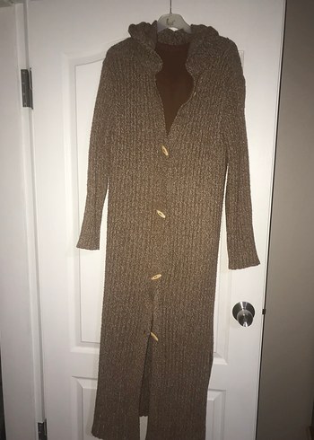 Düğmeli Uzun Kahverengi yün hırka - Görsel 3