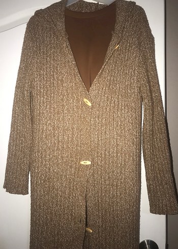 Düğmeli Uzun Kahverengi yün hırka - Görsel 2