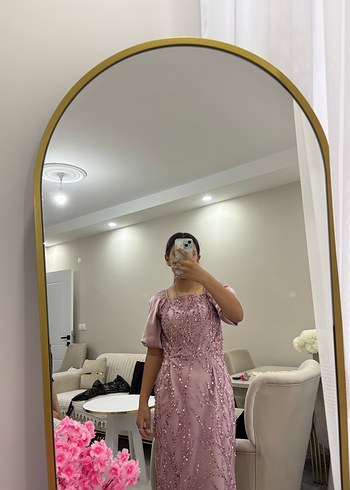 Pembe Transparan Midi Abiye Elbise