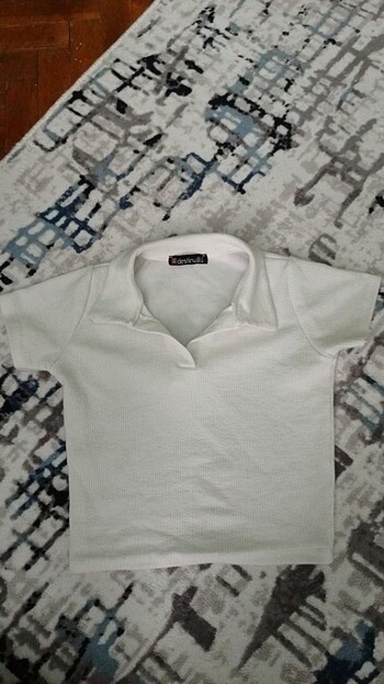 Diğer Beyaz polo yaka crop t-shirt