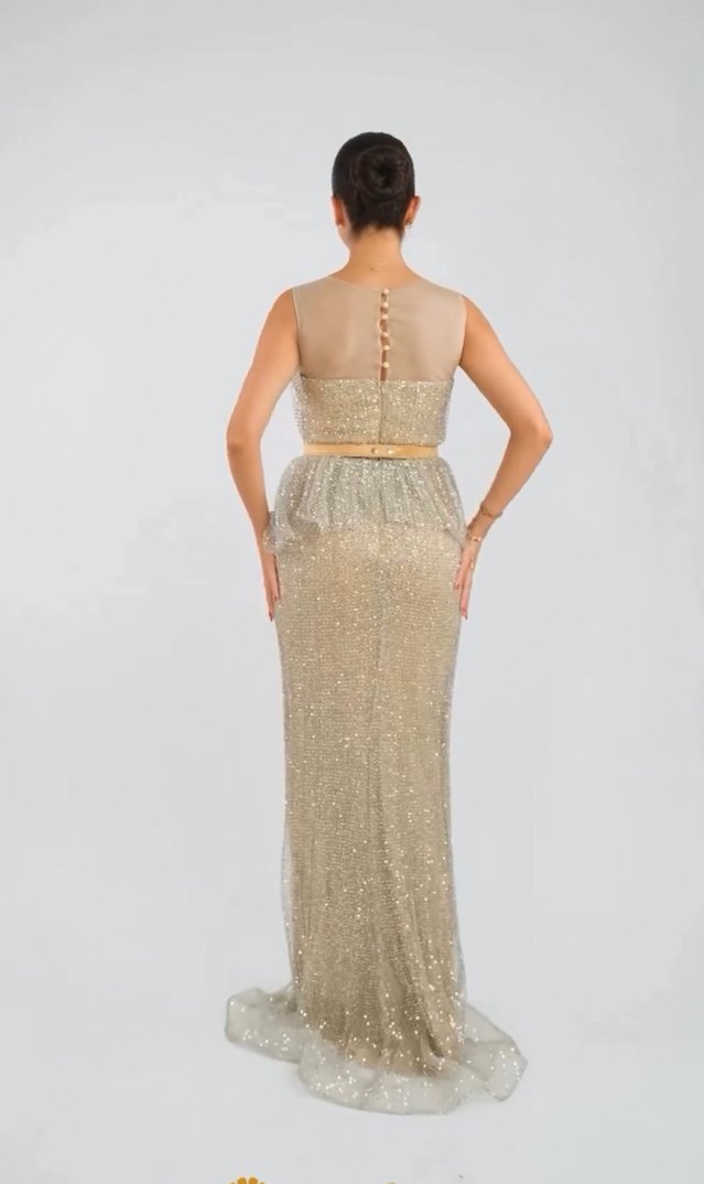 Bej Kemerli Uzun Abiye Elbise - Görsel 2