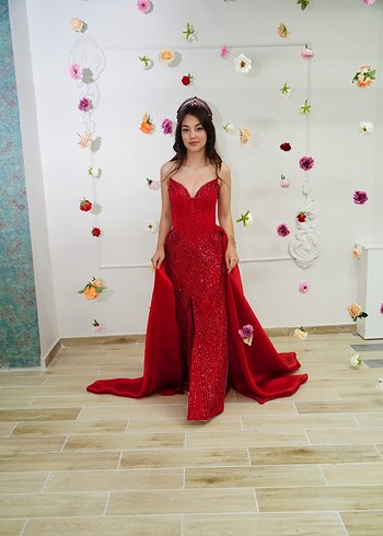 Kırmızı İşlemeli kına  gecesi Abiye Elbise - Görsel 5