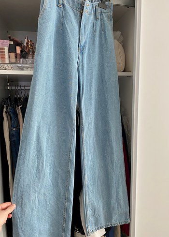 Düğmeli Mavi Midi Denim Pantolon