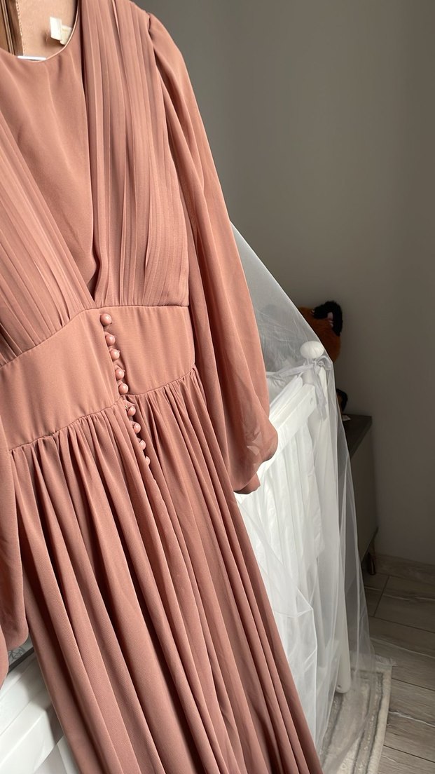 V Yaka Pilili şifon elbise - Görsel 2