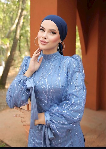 Mavi Drapeli Uzun Kollu Bohem Abiye Elbise - Görsel 2