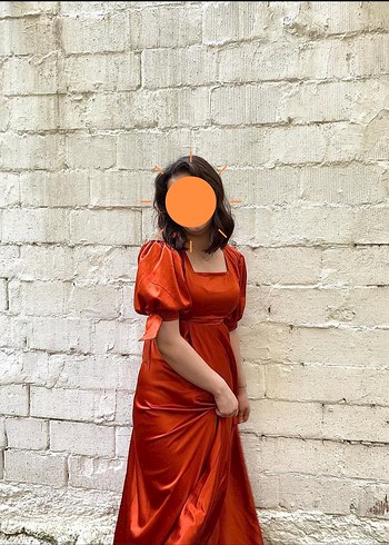 Turuncu V Yaka Uzun Drapeli Elbise - Görsel 2