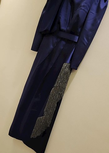 Lacivert Parlak Uzun Drapeli Kadın Abiye elbise şal dahil - Görsel 2