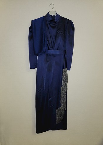 Lacivert Parlak Uzun Drapeli Kadın Abiye elbise şal dahil - Görsel 8