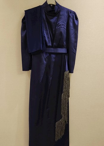 Lacivert Parlak Uzun Drapeli Kadın Abiye elbise şal dahil - Görsel 5