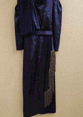 Lacivert Parlak Uzun Drapeli Kadın Abiye elbise şal dahil - Görsel 6