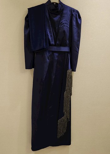 Lacivert Parlak Uzun Drapeli Kadın Abiye elbise şal dahil - Görsel 7