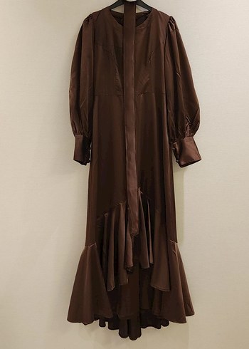 Uzun Kollu Kahverengi Fırfırlı Uzun  abiye Elbise - Görsel 6