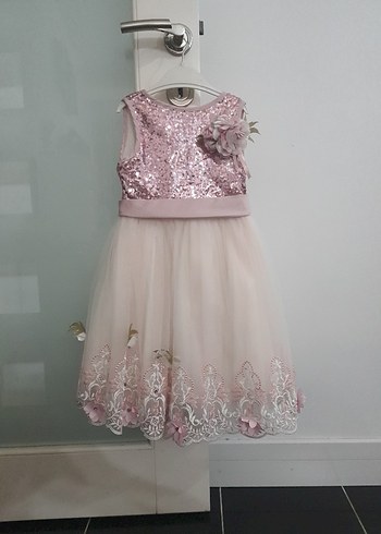 Kız Çocuk Pembe Dantel İşlemeli Elbise