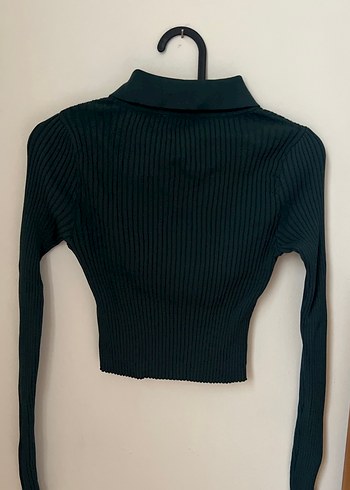 Düğmeli Yaka Detaylı petrol Yeşil Triko Bluz - Görsel 3