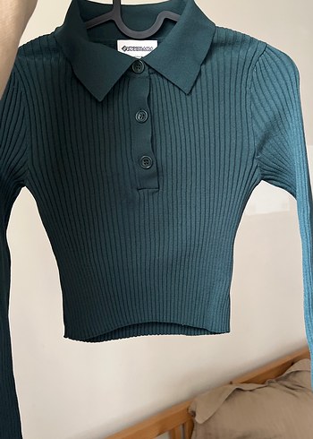 Düğmeli Yaka Detaylı petrol Yeşil Triko Bluz - Görsel 4