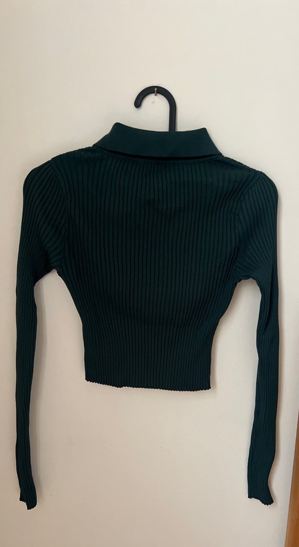 Düğmeli Yaka Detaylı petrol Yeşil Triko Bluz - Görsel 3
