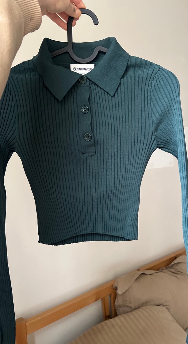 Düğmeli Yaka Detaylı petrol Yeşil Triko Bluz - Görsel 4