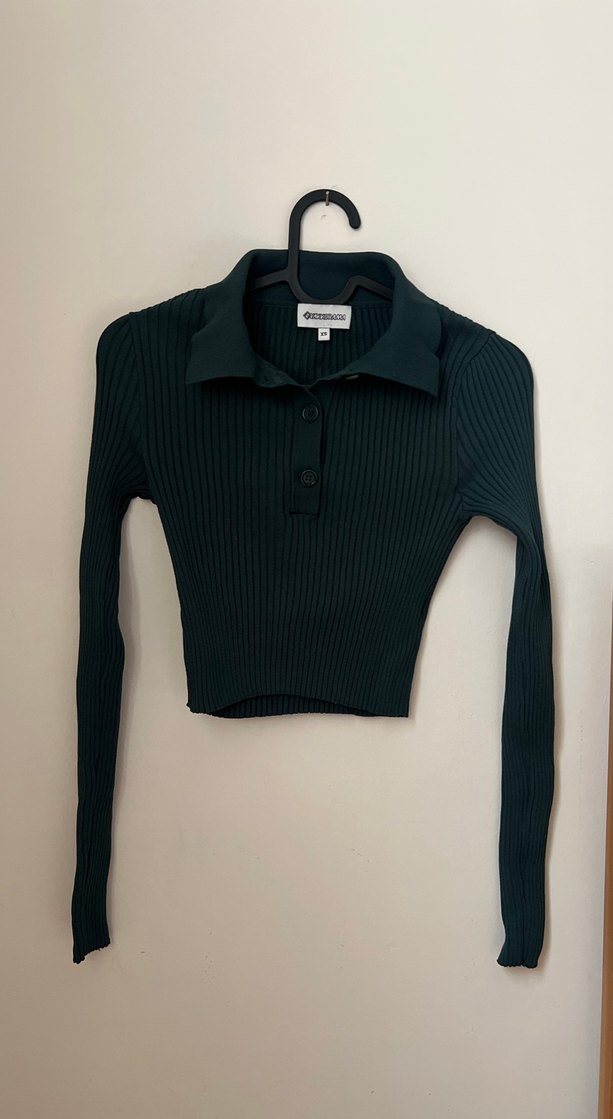 Düğmeli Yaka Detaylı petrol Yeşil Triko Bluz - Görsel 2