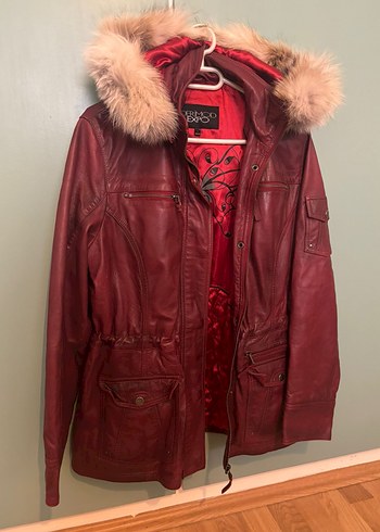 kırmızı Kadın Deri Ceket, Kürk Detaylı - Görsel 2