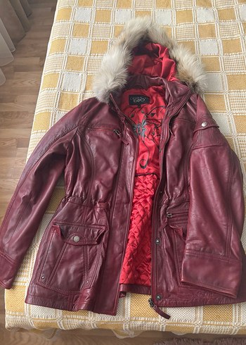 kırmızı Kadın Deri Ceket, Kürk Detaylı - Görsel 4