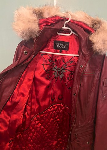 kırmızı Kadın Deri Ceket, Kürk Detaylı - Görsel 5