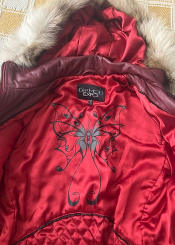 kırmızı Kadın Deri Ceket, Kürk Detaylı - Görsel 3